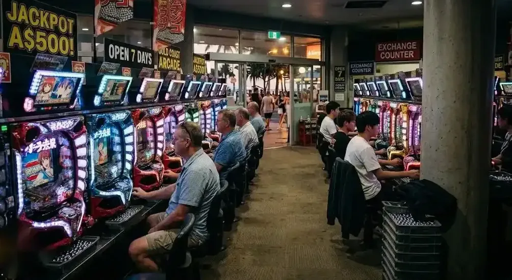 Rows of glowing pachinko machines in the main hall
